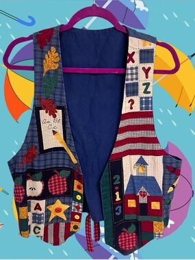Vintage school teacher blue and red plaid vest with buttons